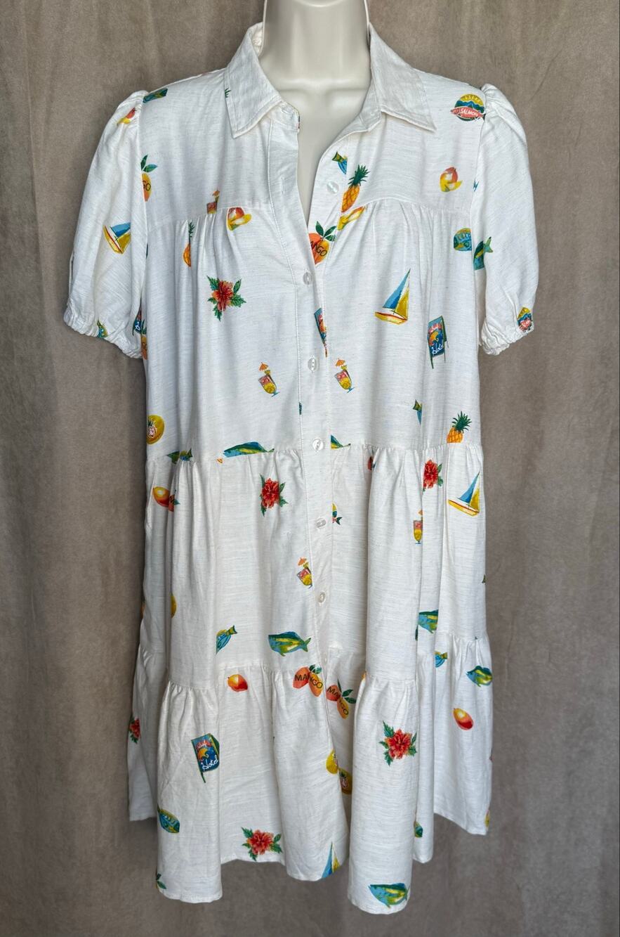 Jane + Delancey Cream Linen blend Tropical Vacation Baby Doll Dress S NWT